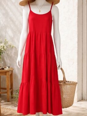 Red Tiered Maxi Dress Womens Spaghetti Strap Boho Sundress Flowy Casual